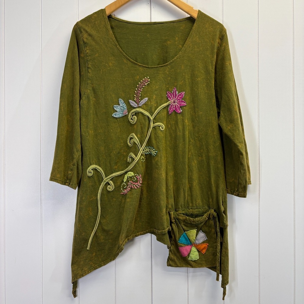 Unbranded Womens Boho Embroidered Asymmetrical Tunic Top Size M Earthy Festival